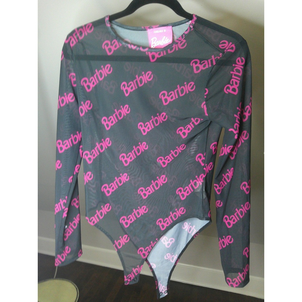 Forever 21 Barbie Bodysuit Women Large Black Pink Like New Mesh Long Sleeve Logo